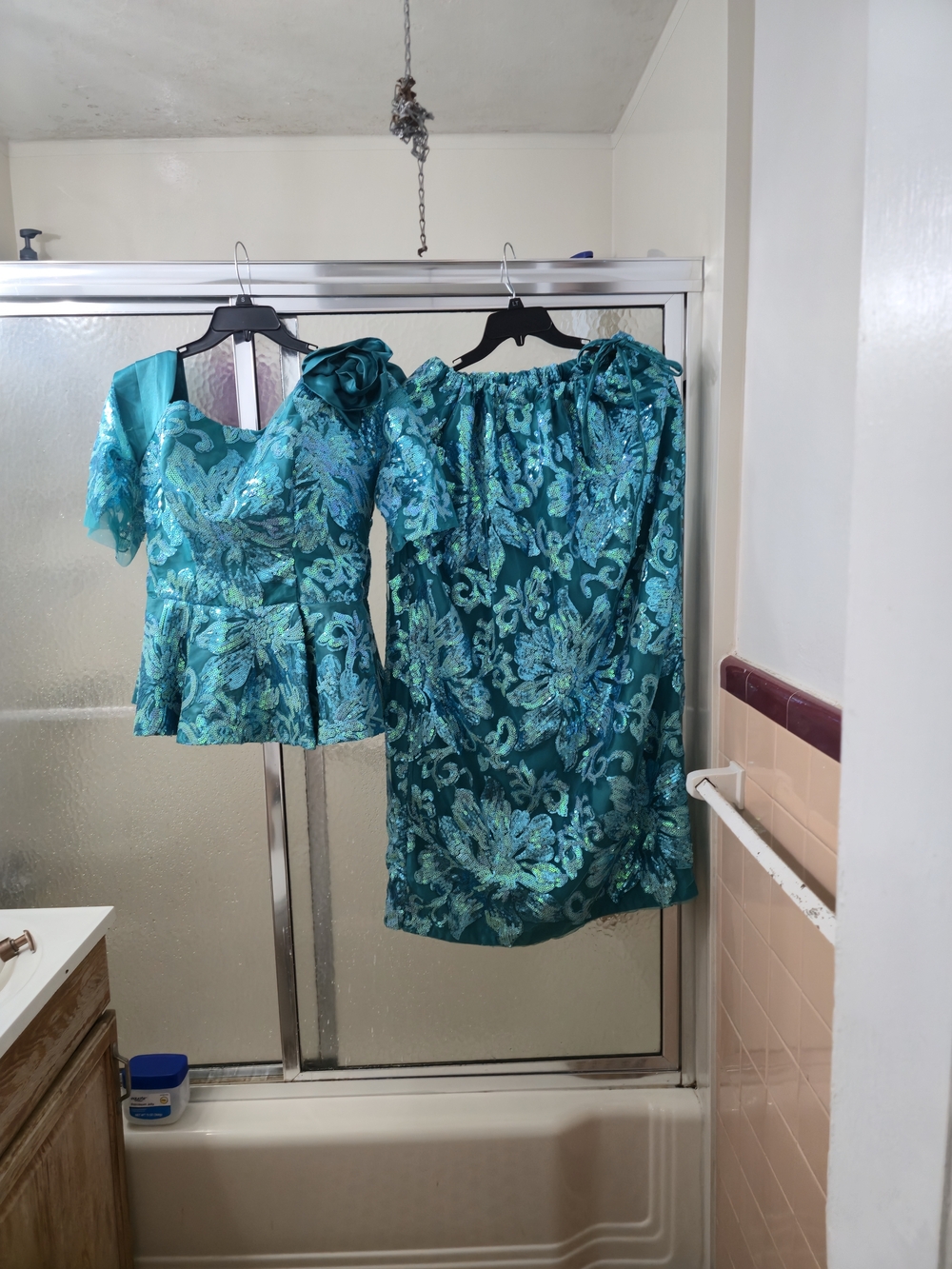 Beautiful, Women's Teal Embroidered Lace, Long Skirt Set-Two-Piece Ensemble $250